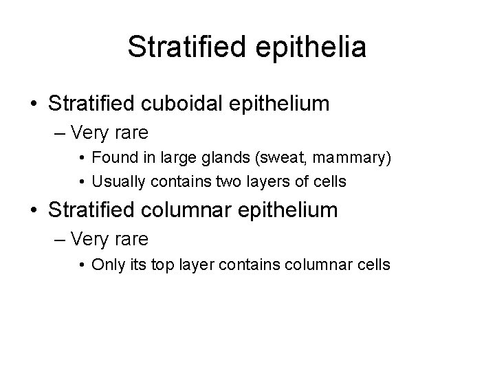 Stratified epithelia • Stratified cuboidal epithelium – Very rare • Found in large glands