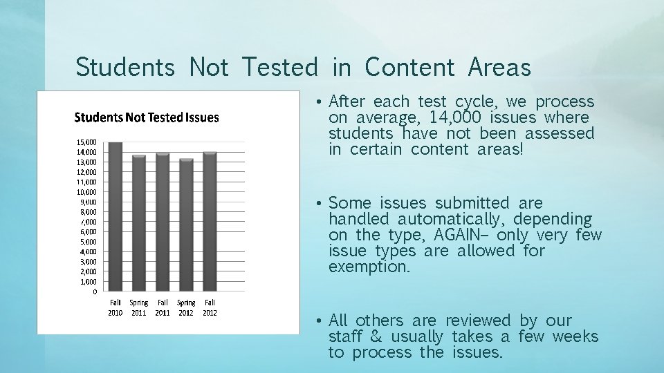 Students Not Tested in Content Areas • After each test cycle, we process on