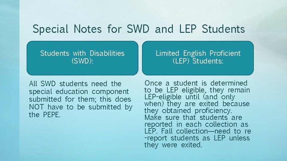 Special Notes for SWD and LEP Students with Disabilities (SWD): Limited English Proficient (LEP)