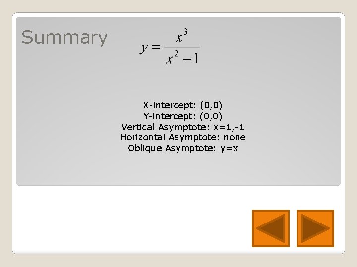 Summary X-intercept: (0, 0) Y-intercept: (0, 0) Vertical Asymptote: x=1, -1 Horizontal Asymptote: none