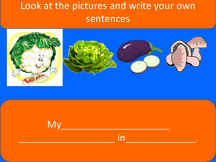Look at the pictures and write your own sentences My__________ in_______. 