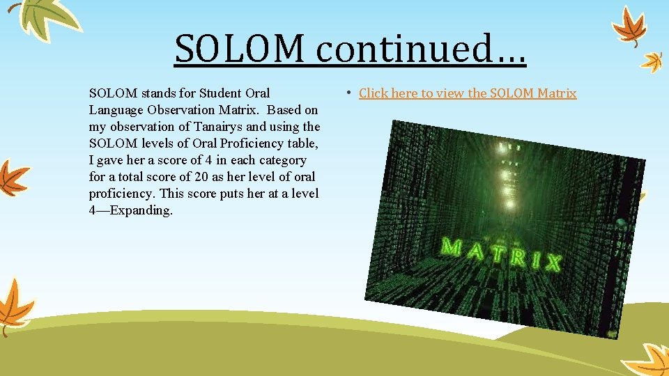 SOLOM continued… SOLOM stands for Student Oral Language Observation Matrix. Based on my observation