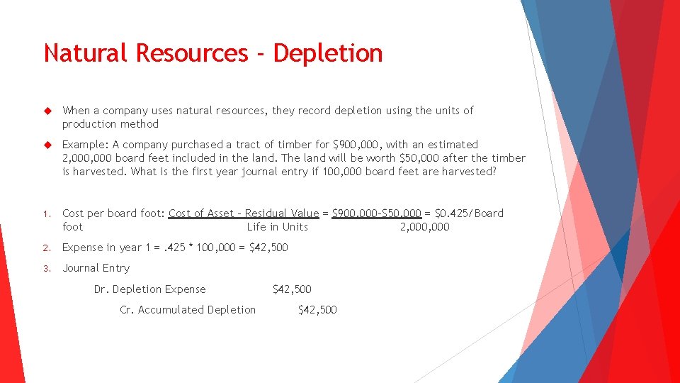 Natural Resources - Depletion When a company uses natural resources, they record depletion using