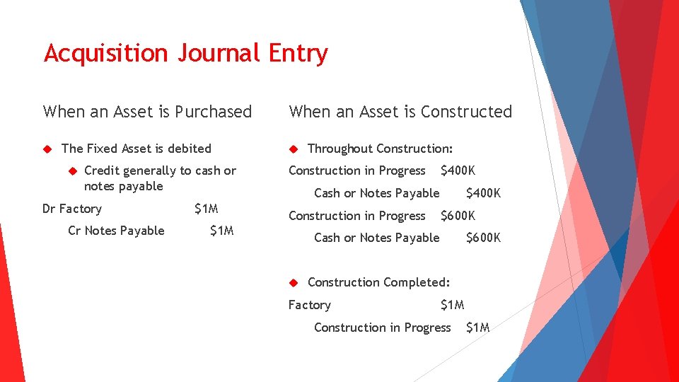 Acquisition Journal Entry When an Asset is Purchased The Fixed Asset is debited Credit