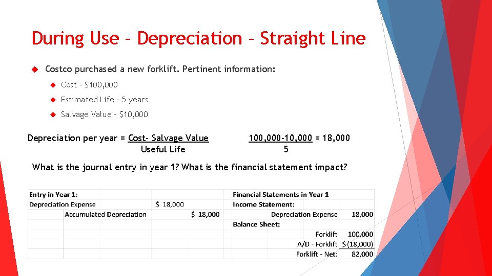 During Use – Depreciation – Straight Line Costco purchased a new forklift. Pertinent information: