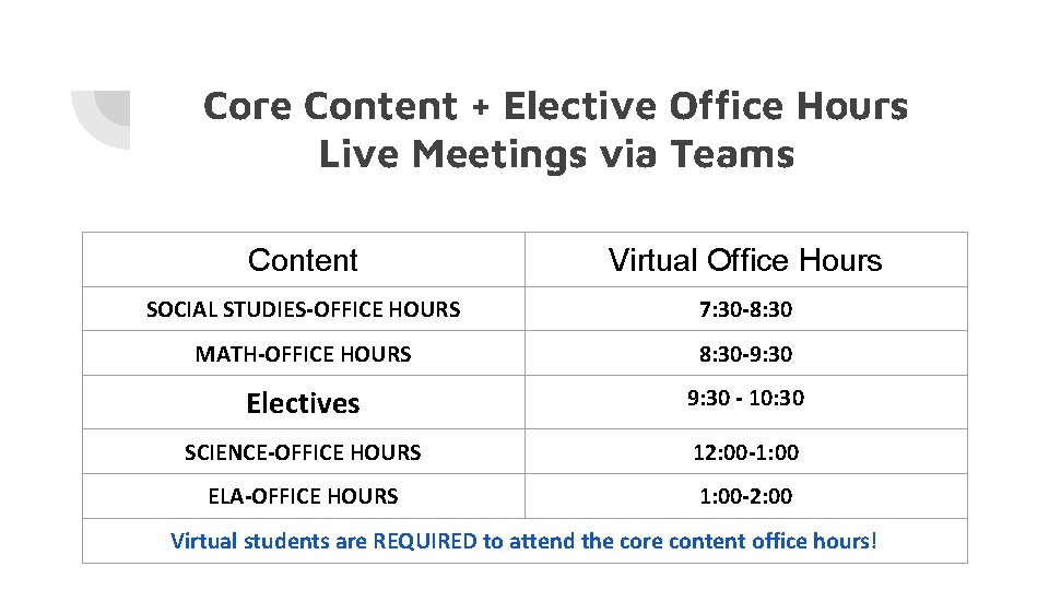 Core Content + Elective Office Hours Live Meetings via Teams Content Virtual Office Hours