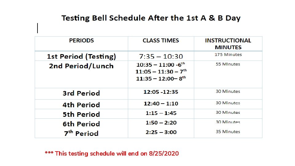 *** This testing schedule will end on 8/25/2020 