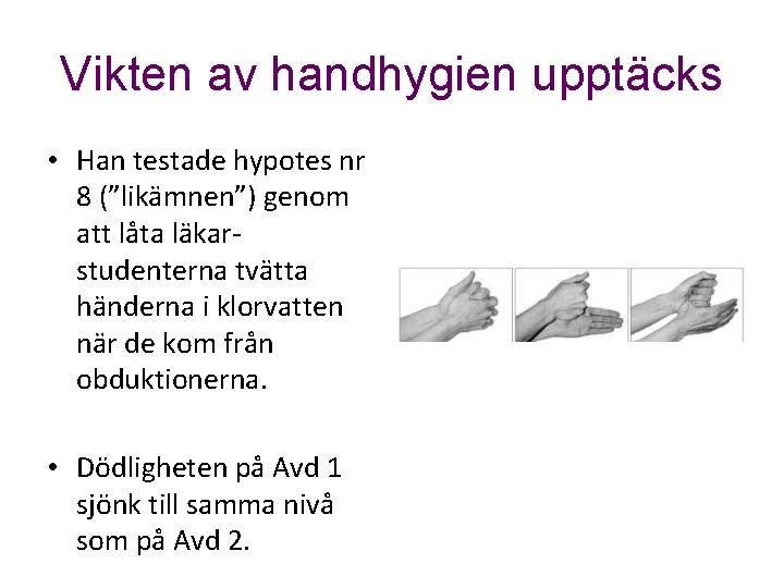 Vikten av handhygien upptäcks • Han testade hypotes nr 8 (”likämnen”) genom att låta