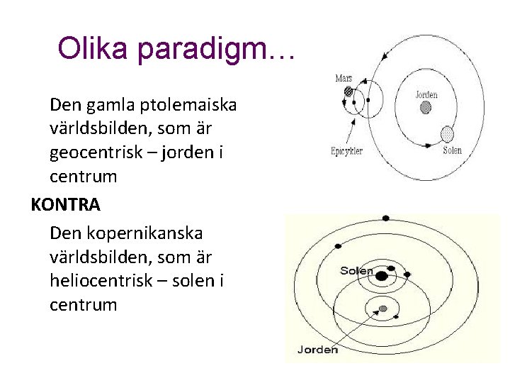 Olika paradigm… Den gamla ptolemaiska världsbilden, som är geocentrisk – jorden i centrum KONTRA