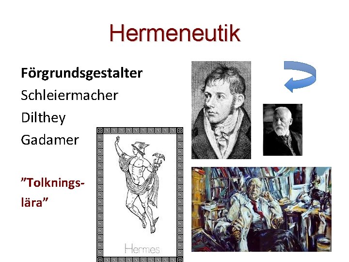 Hermeneutik Förgrundsgestalter Schleiermacher Dilthey Gadamer ”Tolkningslära” 