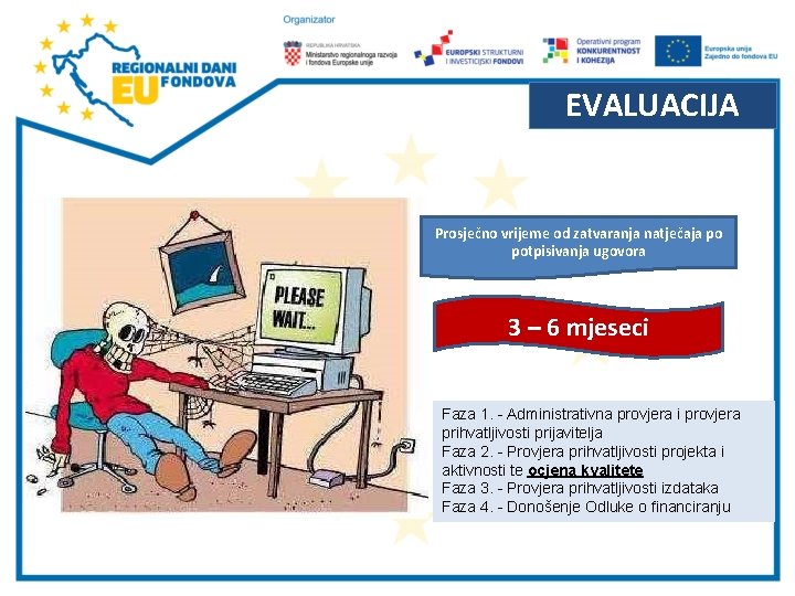 EVALUACIJA Prosječno vrijeme od zatvaranja natječaja po potpisivanja ugovora 3 – 6 mjeseci Faza