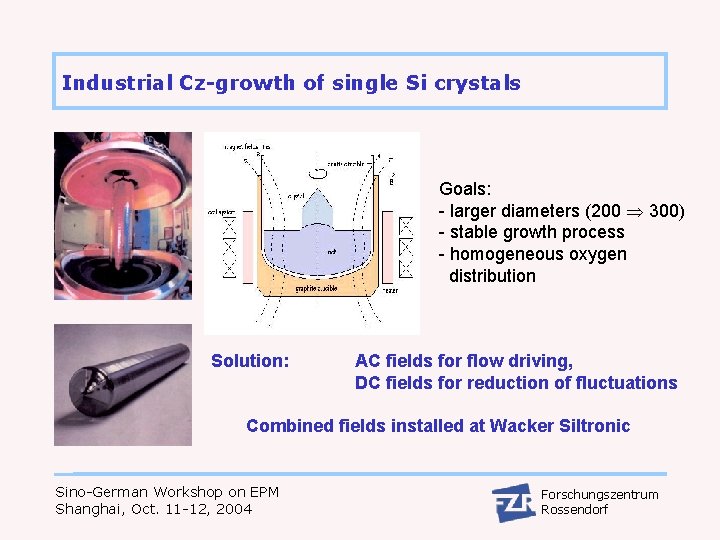Industrial Cz-growth of single Si crystals Goals: - larger diameters (200 300) - stable