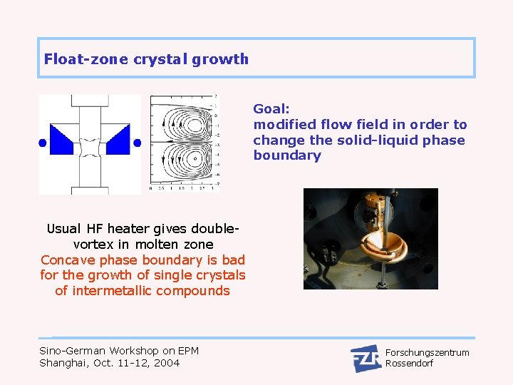 Float-zone crystal growth Goal: modified flow field in order to change the solid-liquid phase