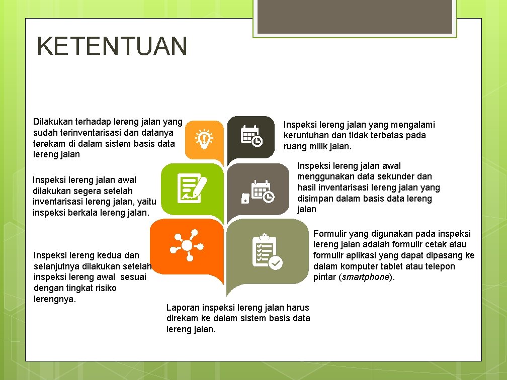 KETENTUAN Dilakukan terhadap lereng jalan yang sudah terinventarisasi dan datanya terekam di dalam sistem