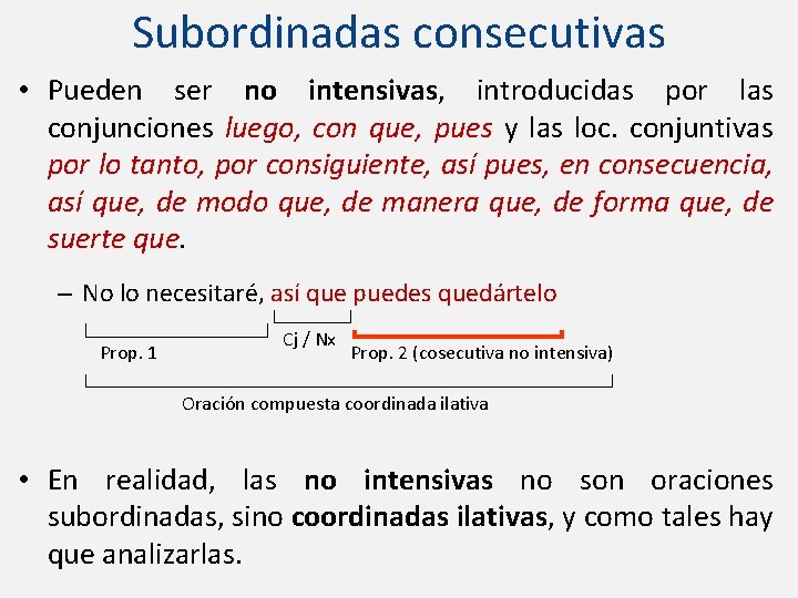 Subordinadas consecutivas • Pueden ser no intensivas, introducidas por las conjunciones luego, con que,