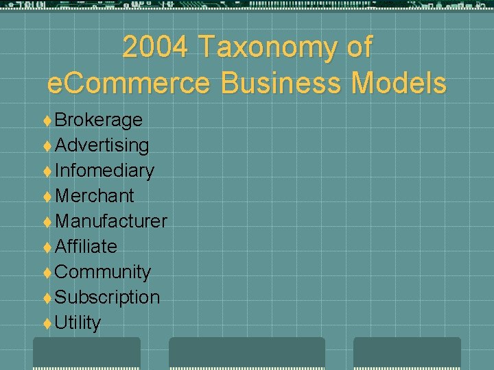 2004 Taxonomy of e. Commerce Business Models t Brokerage t Advertising t Infomediary t
