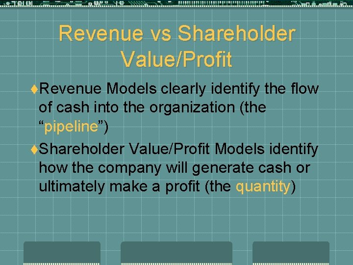 Revenue vs Shareholder Value/Profit t. Revenue Models clearly identify the flow of cash into