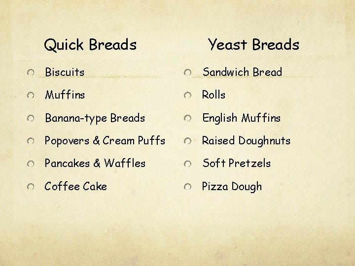 Quick Breads Yeast Breads Biscuits Sandwich Bread Muffins Rolls Banana-type Breads English Muffins Popovers