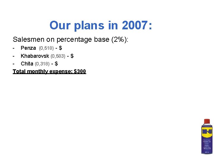 Our plans in 2007: Salesmen on percentage base (2%): - Penza (0, 518) -
