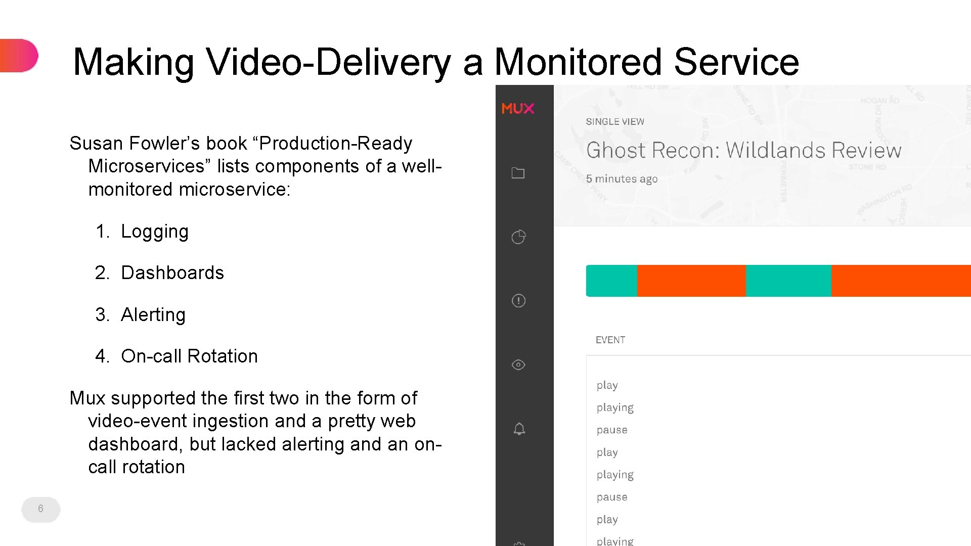 Making Video-Delivery a Monitored Service Susan Fowler’s book “Production-Ready Microservices” lists components of a