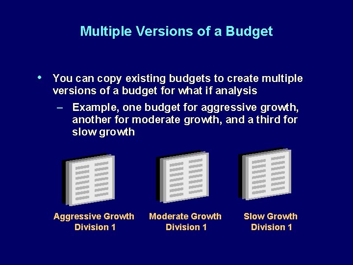 Multiple Versions of a Budget • You can copy existing budgets to create multiple