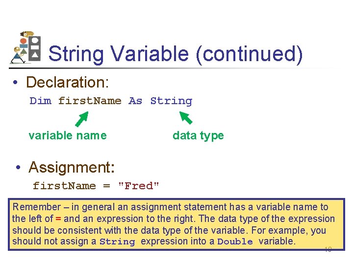 String Variable (continued) • Declaration: Dim first. Name As String variable name data type