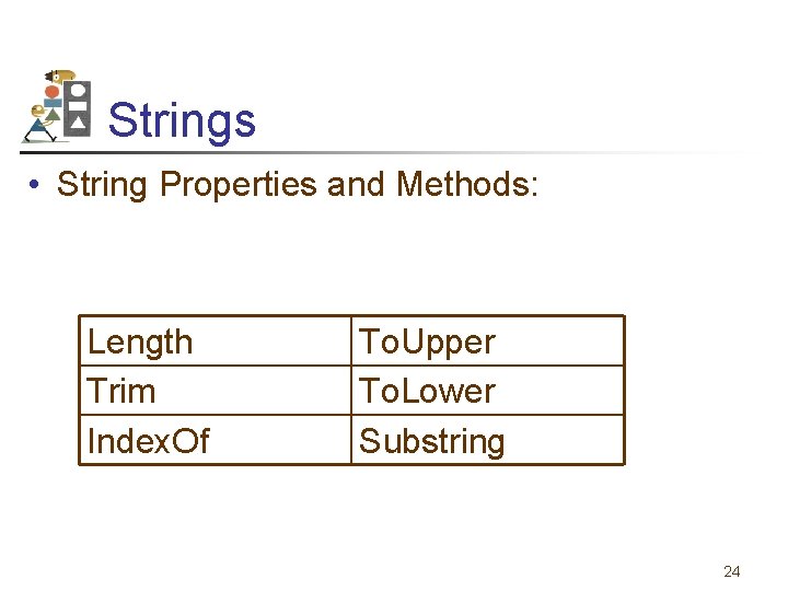 Strings • String Properties and Methods: Length Trim Index. Of To. Upper To. Lower