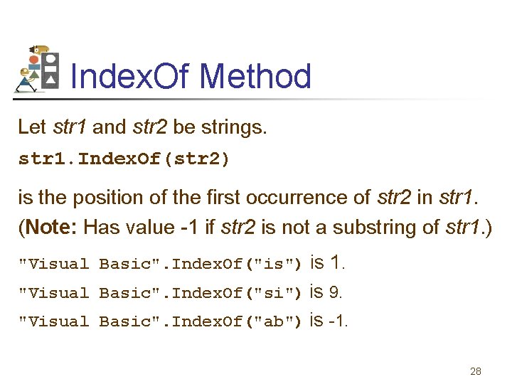 Index. Of Method Let str 1 and str 2 be strings. str 1. Index.