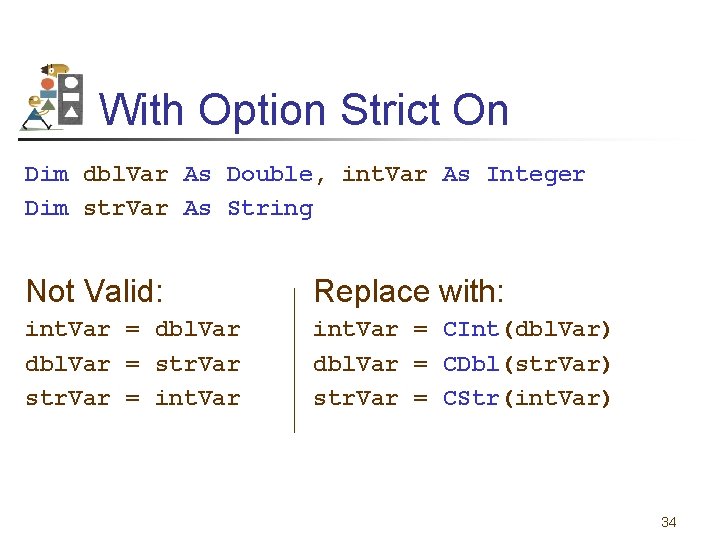 With Option Strict On Dim dbl. Var As Double, int. Var As Integer Dim