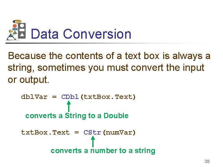 Data Conversion Because the contents of a text box is always a string, sometimes