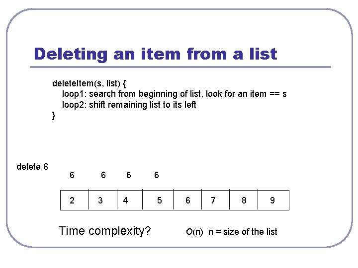 Deleting an item from a list delete. Item(s, list) { loop 1: search from