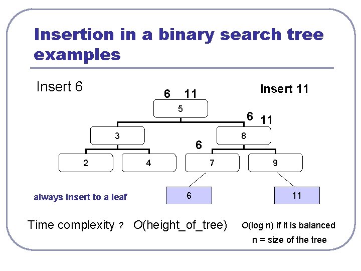 Insertion in a binary search tree examples Insert 6 6 Insert 11 11 5