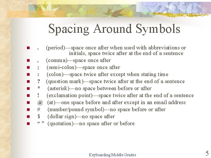 Spacing Around Symbols n n n . (period)—space once after when used with abbreviations