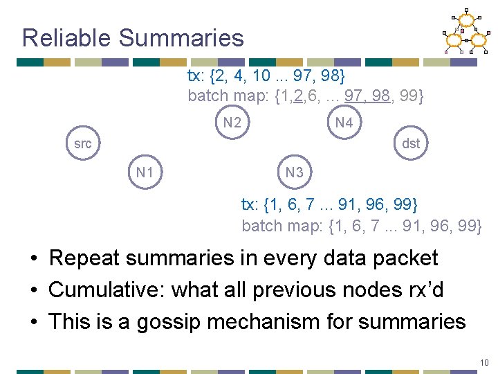 Reliable Summaries tx: {2, 4, 10. . . 97, 98} batch map: {1, 2,