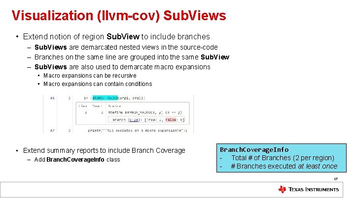Visualization (llvm-cov) Sub. Views • Extend notion of region Sub. View to include branches