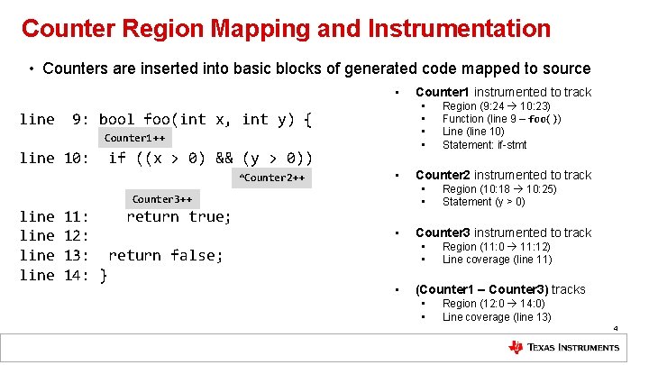 Counter Region Mapping and Instrumentation • Counters are inserted into basic blocks of generated