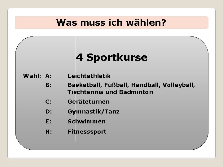 Was muss ich wählen? 4 Sportkurse Wahl: A: Leichtathletik B: Basketball, Fußball, Handball, Volleyball,