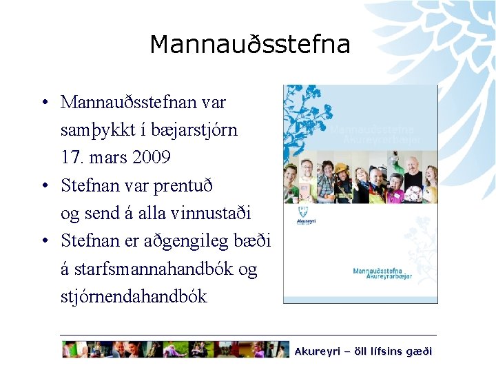 Mannauðsstefna • Mannauðsstefnan var samþykkt í bæjarstjórn 17. mars 2009 • Stefnan var prentuð