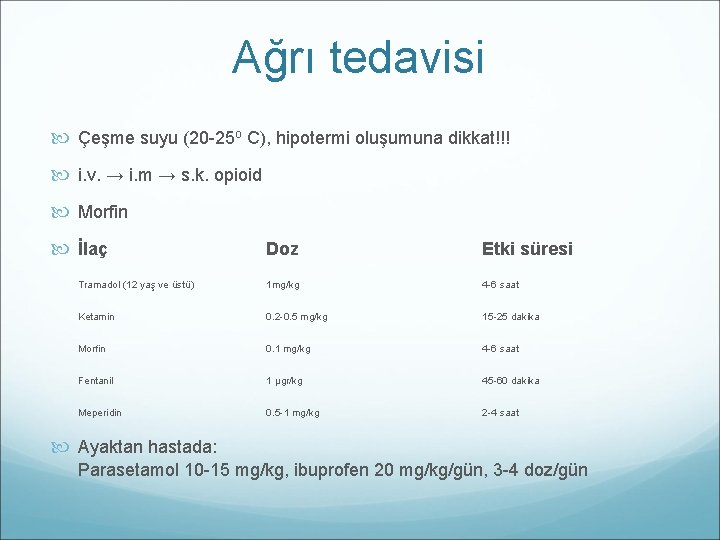 Ağrı tedavisi Çeşme suyu (20 -25 o C), hipotermi oluşumuna dikkat!!! i. v. →