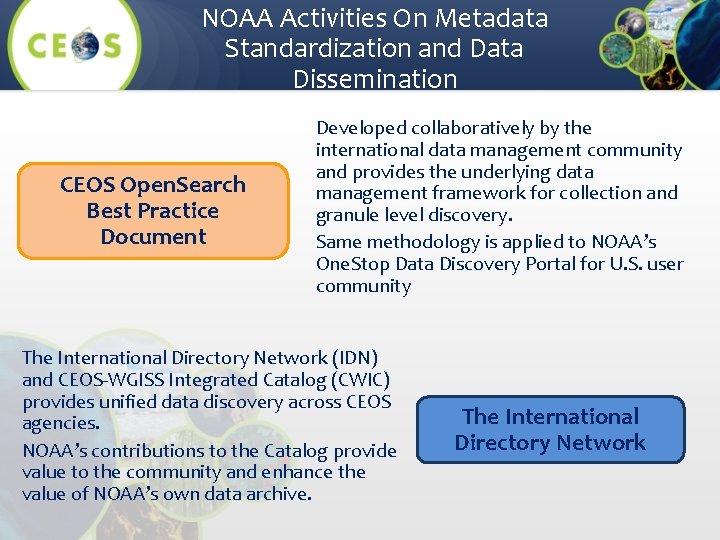 NOAA Activities On Metadata Standardization and Data Dissemination CEOS Open. Search Best Practice Document NOAA Activities On Metadata Standardization and Data Dissemination CEOS Open. Search Best Practice Document