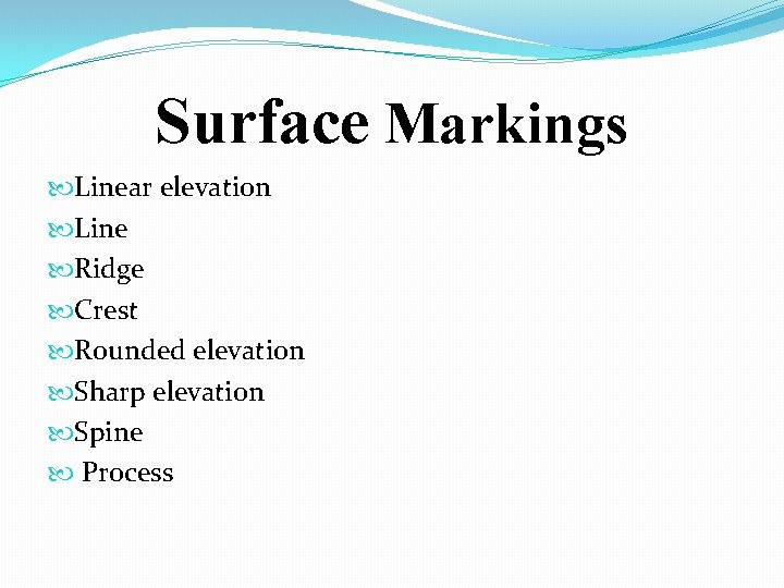 Surface Markings Linear elevation Line Ridge Crest Rounded elevation Sharp elevation Spine Process 