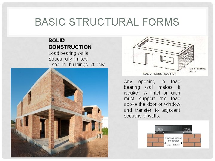 BASIC STRUCTURAL FORMS SOLID CONSTRUCTION Load bearing walls. Structurally limited. Used in buildings of