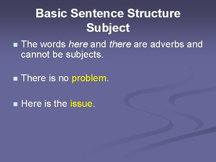 Basic Sentence Structure Subject n The words here and there adverbs and cannot be