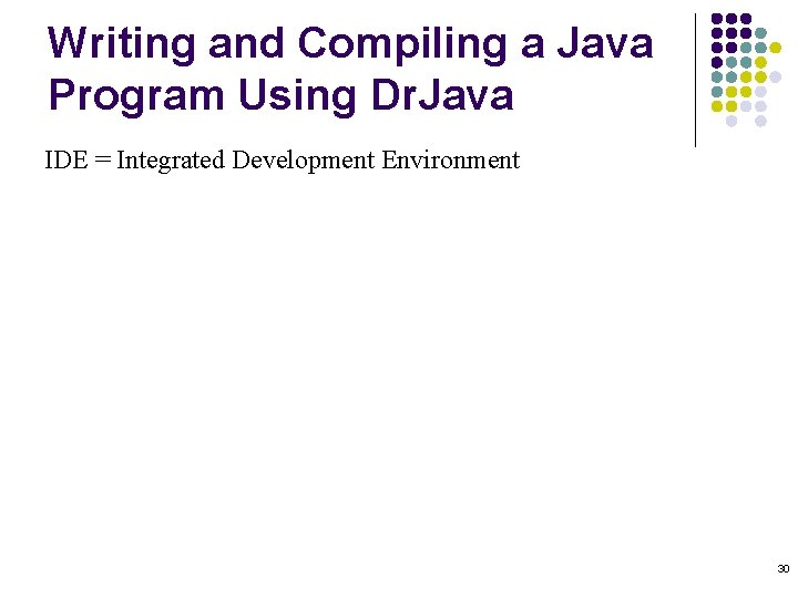 Writing and Compiling a Java Program Using Dr. Java IDE = Integrated Development Environment