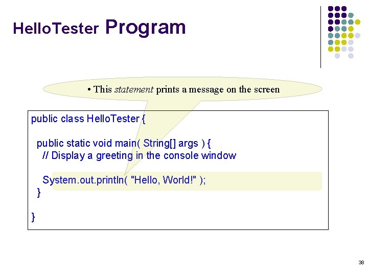 Hello. Tester Program • This statement prints a message on the screen public class