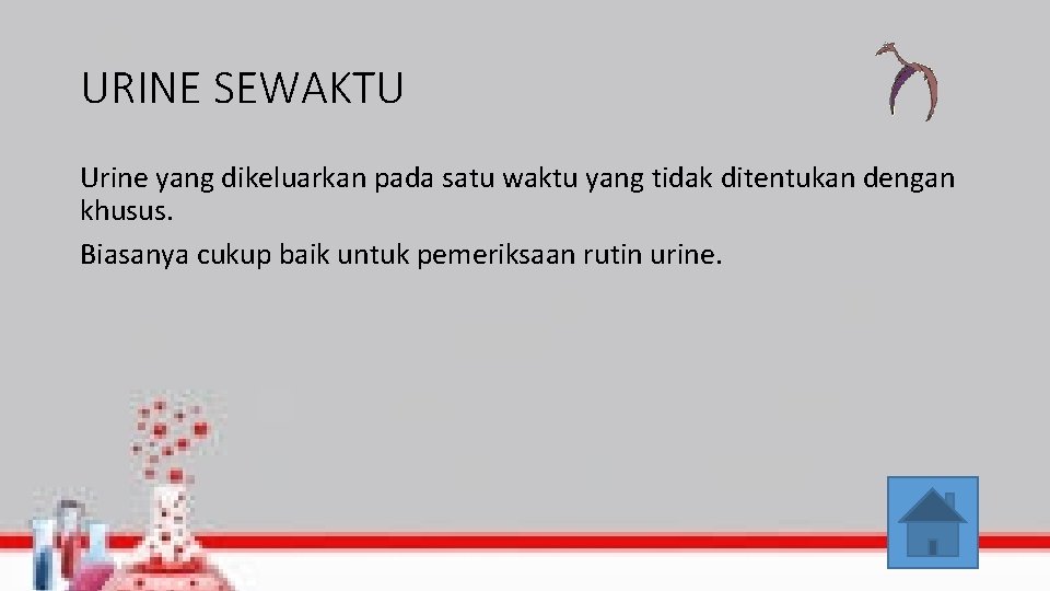 URINE SEWAKTU Urine yang dikeluarkan pada satu waktu yang tidak ditentukan dengan khusus. Biasanya