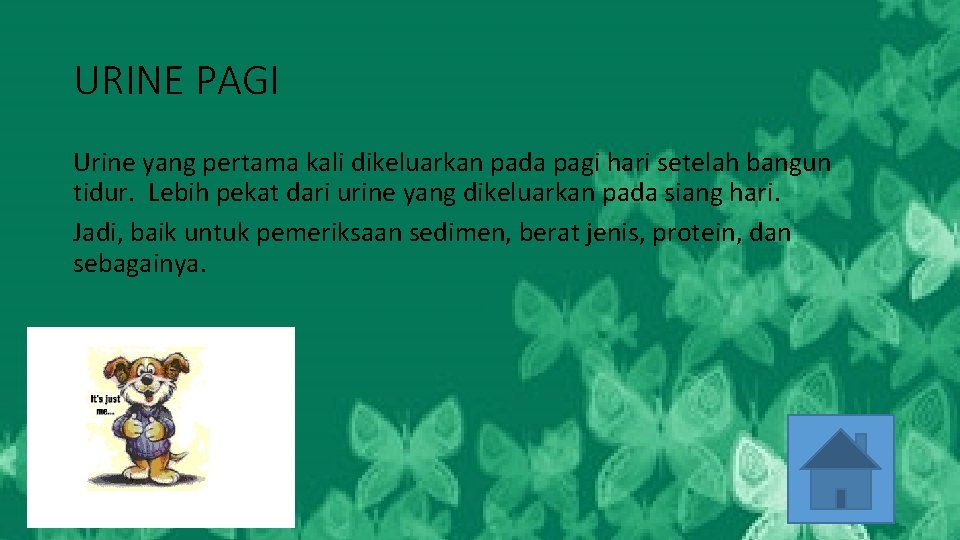 URINE PAGI Urine yang pertama kali dikeluarkan pada pagi hari setelah bangun tidur. Lebih