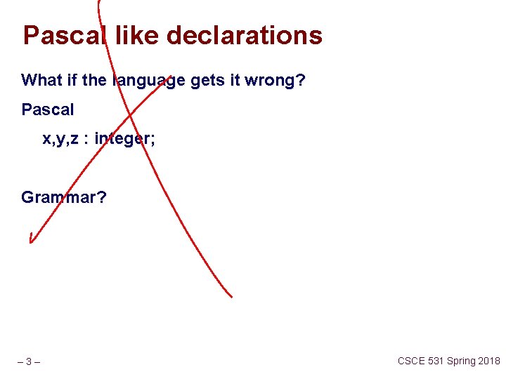 Pascal like declarations What if the language gets it wrong? Pascal x, y, z Pascal like declarations What if the language gets it wrong? Pascal x, y, z