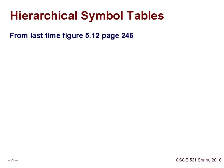Hierarchical Symbol Tables From last time figure 5. 12 page 246 – 4– CSCE Hierarchical Symbol Tables From last time figure 5. 12 page 246 – 4– CSCE