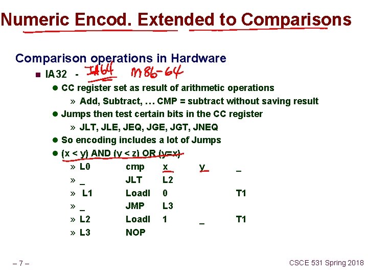 Numeric Encod. Extended to Comparisons Comparison operations in Hardware n IA 32 l CC Numeric Encod. Extended to Comparisons Comparison operations in Hardware n IA 32 l CC